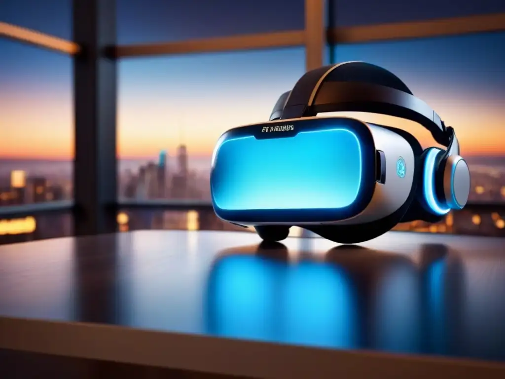 Headset de realidad virtual futurista para investigación inmobiliaria Innovador auricular de realidad virtual en mesa de vidrio, iluminado por luz filtrada en ciudad al atardecer