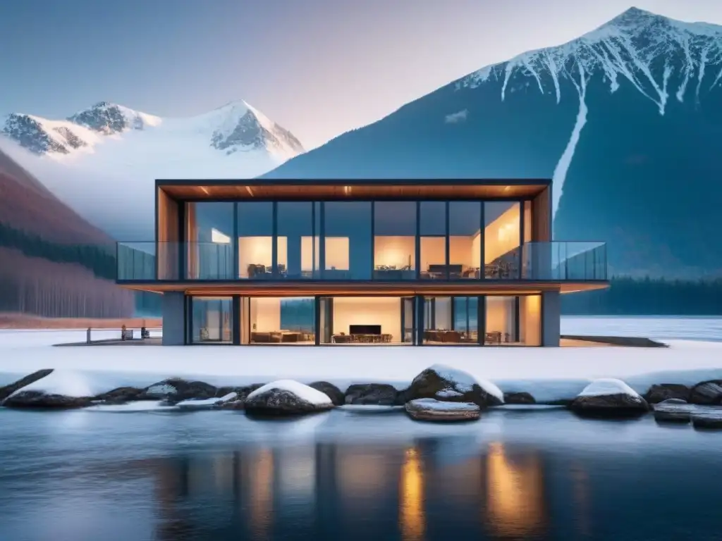 Edificio sostenible en clima frío: diseño innovador en entorno nevado Ecoedificio innovador en clima frío con paneles solares y muro verde, rodeado de montañas nevadas y lago congelado
