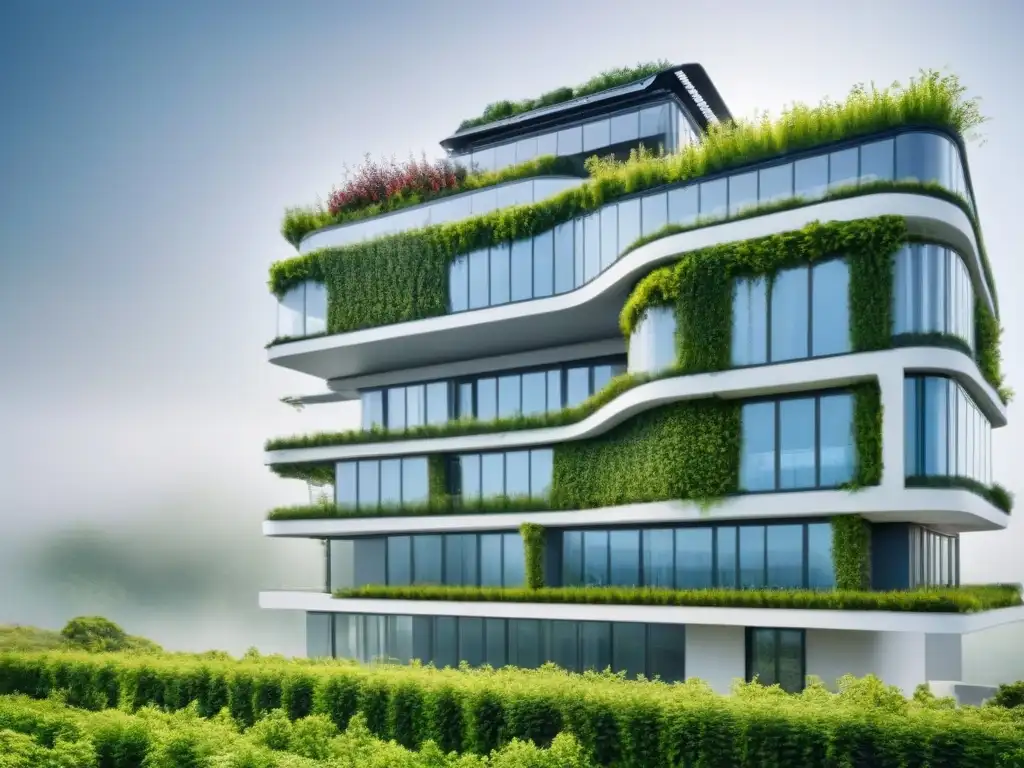 Complejo arquitectónico sostenible: innovación verde y modernidad Innovador complejo arquitectónico sostenible con paneles solares, jardines verticales y sistemas de recolección de agua