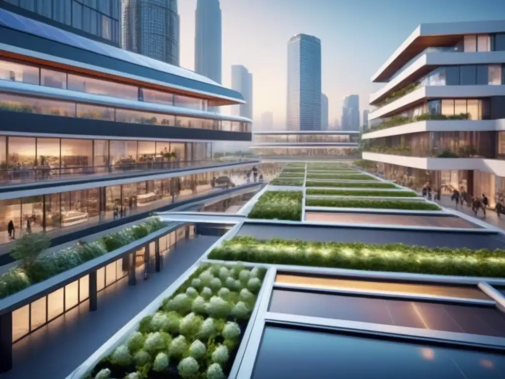 Desarrollo urbano sostenible con centro comercial futurista y oficinas Un innovador desarrollo mixto con centro comercial, oficinas, torres residenciales y jardines verdes en una ciudad sostenible