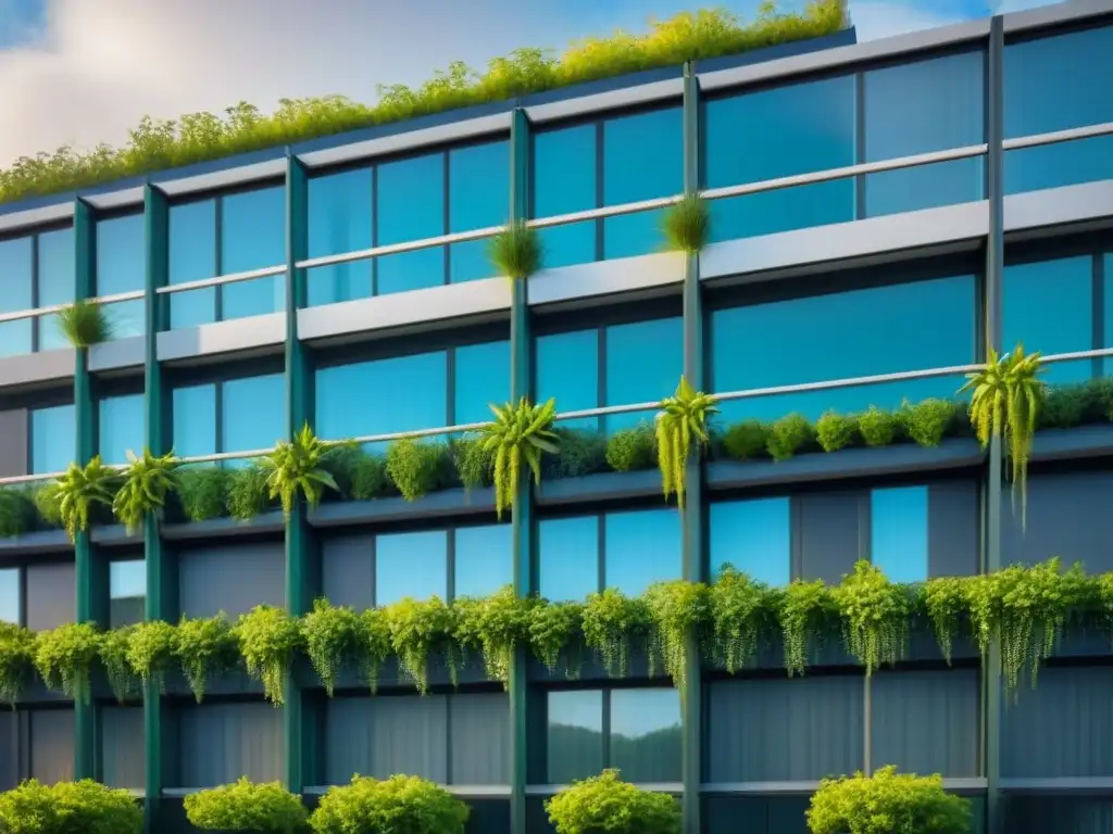 Edificio comercial moderno y sostenible con paneles solares y áreas verdes Un innovador desarrollo sostenible de bienes raíces con paneles solares, muros verdes y espacios verdes vibrantes