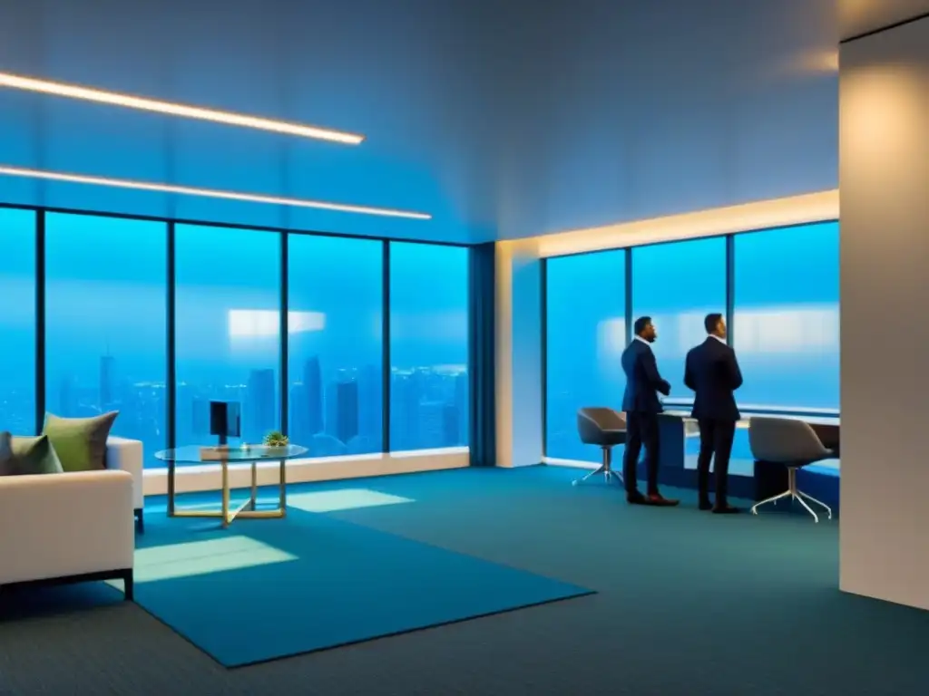 Interior comercial futurista con diseño modular y tecnológico Un innovador diseño interior para espacios comerciales multifuncionales con profesionales colaborando en un ambiente dinámico y tranquilo