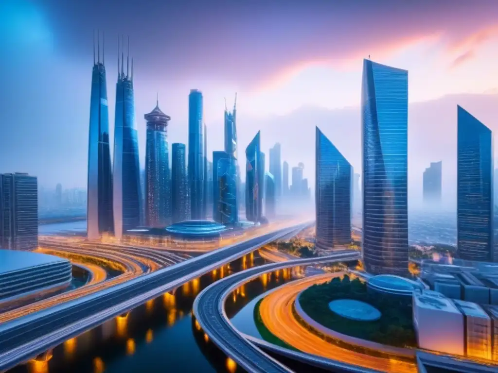 Skyline futurista: real estate innovador Un innovador horizonte urbano futurista con edificios interconectados y sistemas de transporte avanzados, simbolizando el futuro del mercado inmobiliario y las aplicaciones prácticas del análisis de sensibilidad