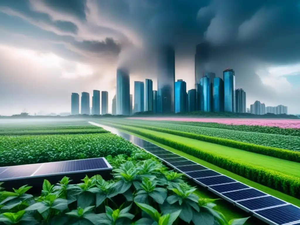 Metrópolis futurista con tecnología climática avanzada y sostenible Innovadora ciudad futurista con tecnología climática avanzada y impacto de cambios climáticos en seguros de vivienda