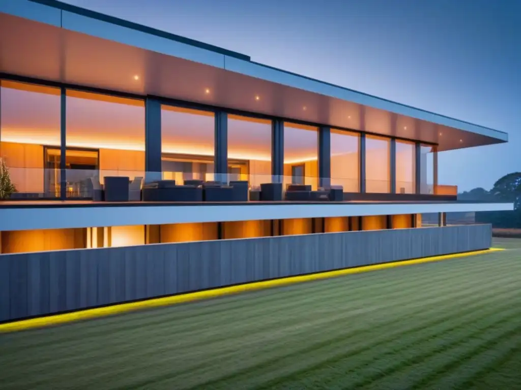 Edificio sostenible iluminado por eficiente sistema LED Innovadora iluminación LED destaca en edificio sostenible de noche, mostrando eficiencia y modernidad