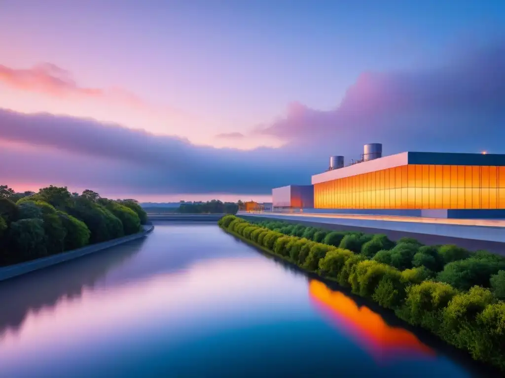 Planta de tratamiento de agua futurista al atardecer Innovadora planta de tratamiento de agua al atardecer, fusionando infraestructura y naturaleza