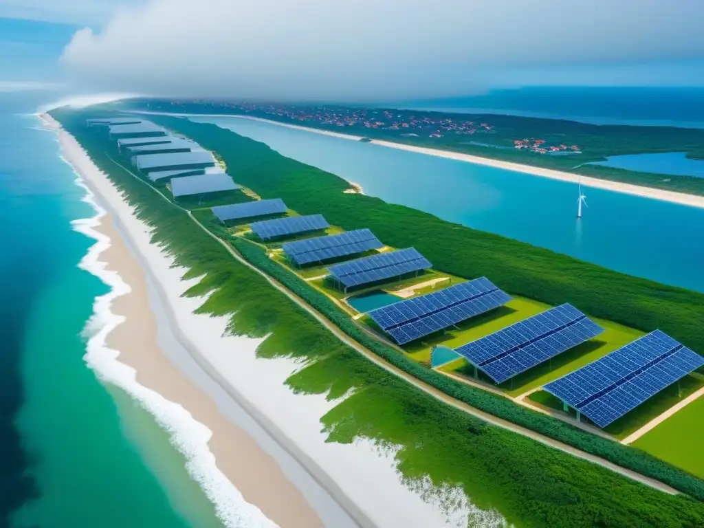Vista aérea impresionante de ciudad costera sustentable Innovadoras construcciones sostenibles en zonas costeras, armonizando desarrollo y conservación ambiental