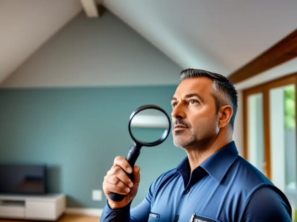 Inspección detallada de casa por experto inspector Inspectores de viviendas estrategias inversión: Profesional examina casa detalladamente con lupa, destacando cada rincón