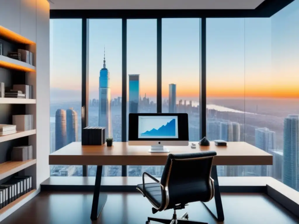 Oficina en casa moderna con vista panorámica a la ciudad Inspirador espacio de oficina en casa para planificar la inversión en bienes raíces internacionales