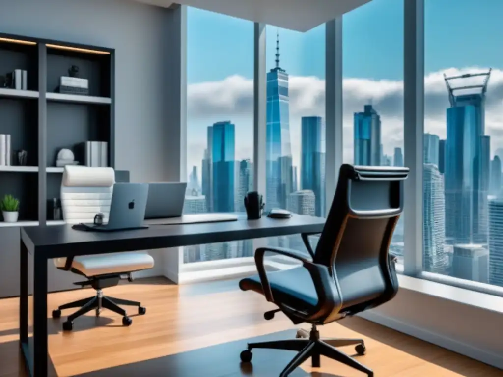 Oficina de lujo con vista panorámica a la ciudad para inversores inmobiliarios Inspirador espacio de oficina con vista panorámica de la ciudad para inversores inmobiliarios