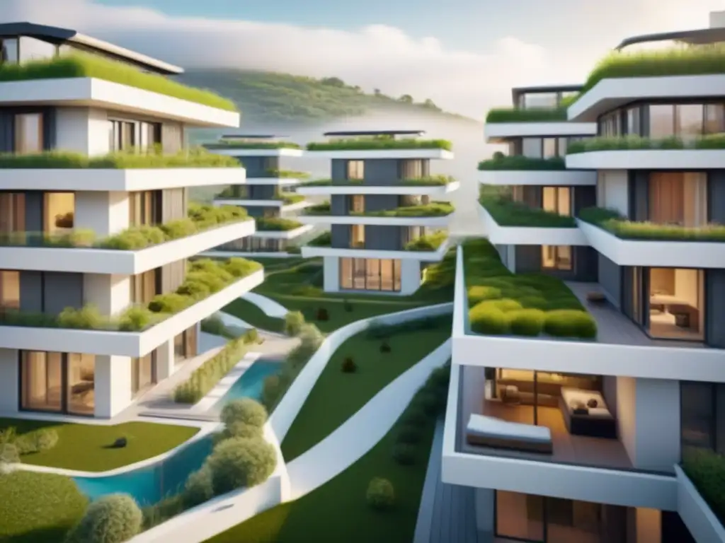 Complejo residencial ecofriendly futurista en armonía con la naturaleza Inspiradora vista de un complejo residencial futurista y ecológico, en armonía con la naturaleza