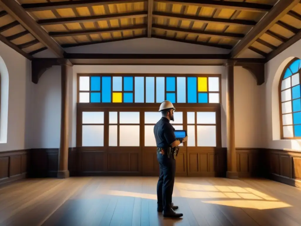 Instalación de sensor futurista en edificio histórico Instalación de sensores de humedad y temperatura en edificio histórico, fusionando tradición e innovación
