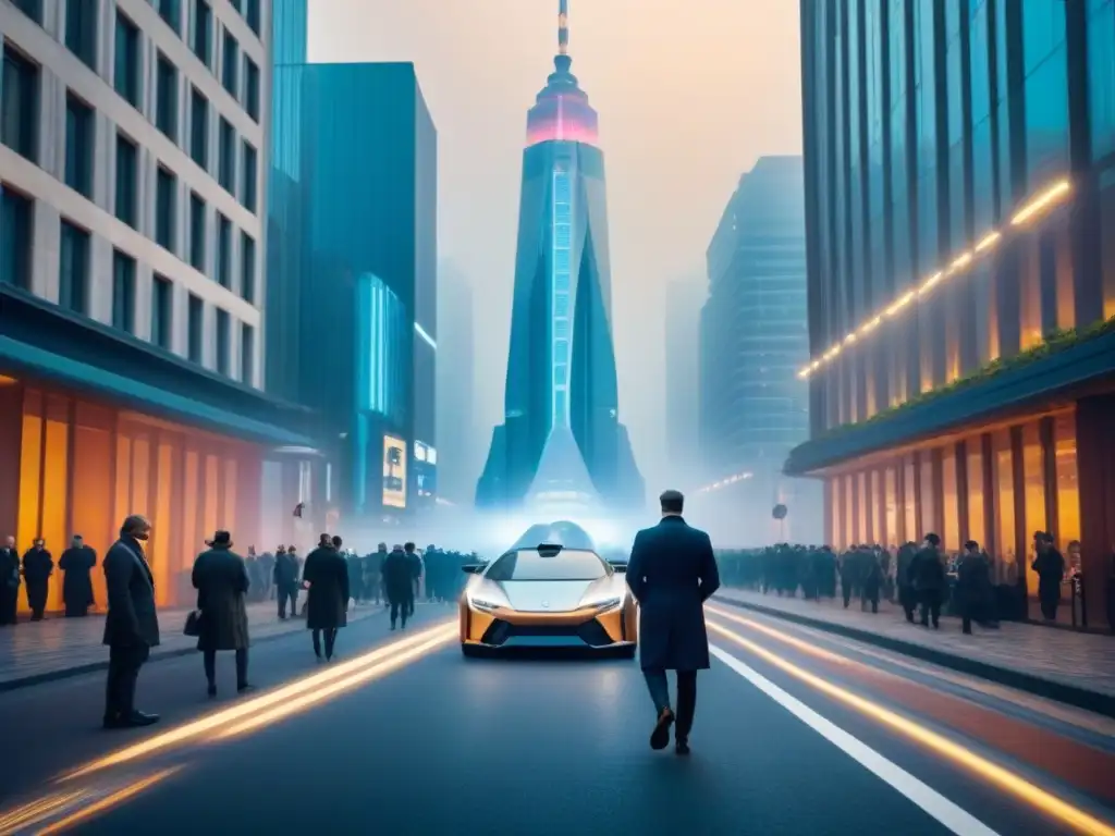 Ciudad del futuro: fusión arquitectónica histórica y moderna Integración de arquitectura histórica y rascacielos modernos en ciudad futurista, reflejando armonía entre historia y progreso urbano