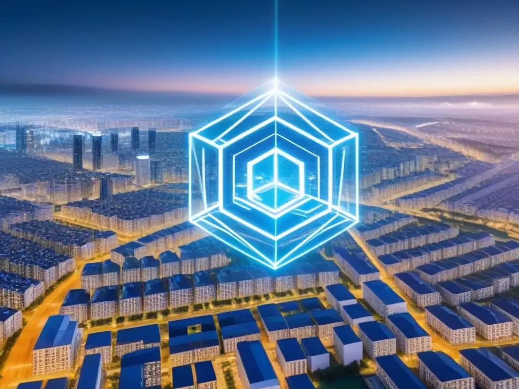 Blockchain revoluciona financiamiento inmobiliario Integración de tecnología blockchain en financiamiento inmobiliario, fusionando códigos y planos arquitectónicos en una imagen futurista
