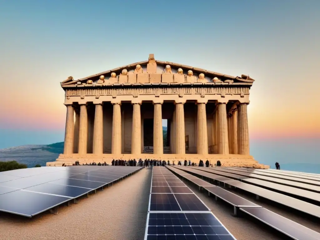 Energía solar en monumento histórico: fusión moderna Integración de energía solar en monumentos históricos: mezcla de historia y tecnología renovable, con paneles solares en el Partenón