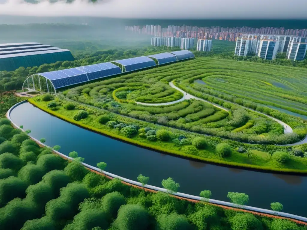 Desarrollo urbano sostenible en armonía con la naturaleza Integración naturaleza diseño urbano: Vista aérea detallada de desarrollo urbano moderno rodeado de naturaleza exuberante y sostenible