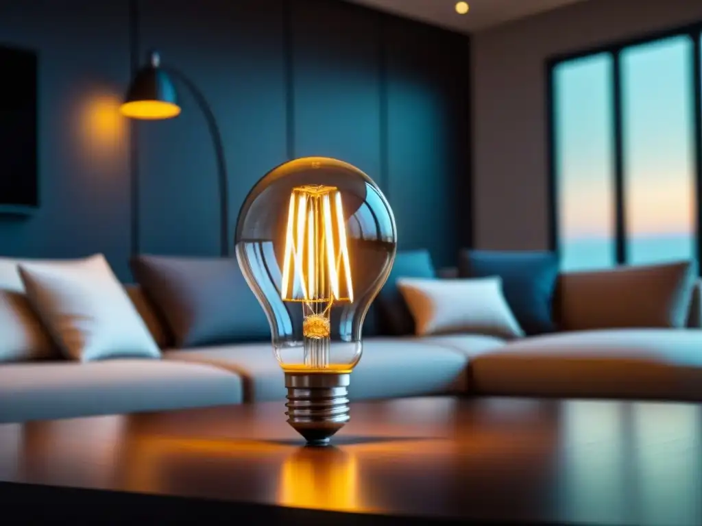 Moderna bombilla inteligente iluminando una sala contemporánea Iluminación inteligente para aumentar valor en una sala moderna con bombilla futurista