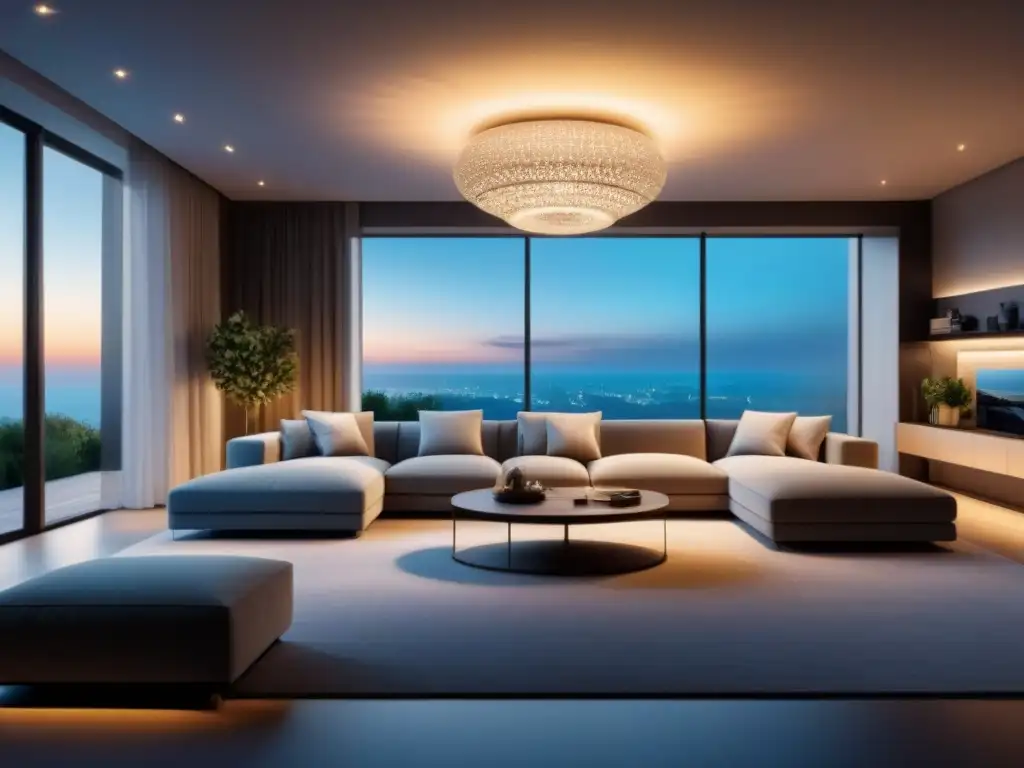 Transformación Ambiente: Sala Moderna con Iluminación Inteligente Iluminación inteligente para aumentar valor en un salón moderno con ambiente cálido y acogedor