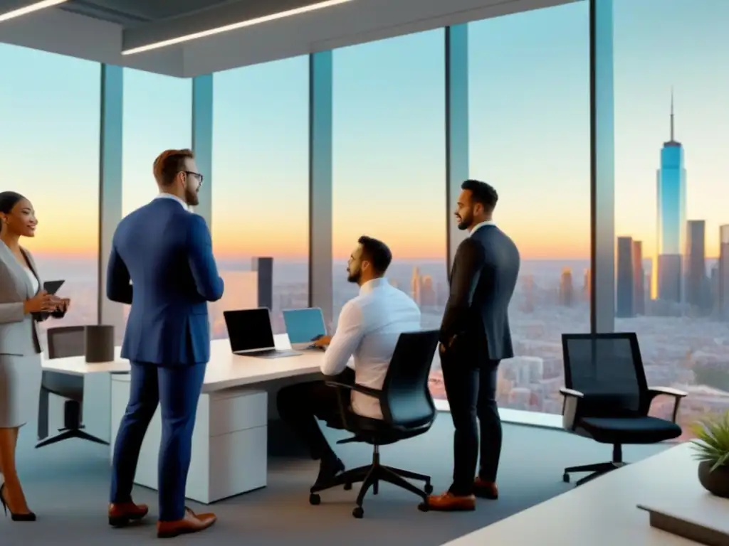 Profesionales analizan estrategias inmobiliarias en oficina moderna Intensa discusión sobre estrategias de inversión inmobiliaria en moderna oficina con vista a la ciudad