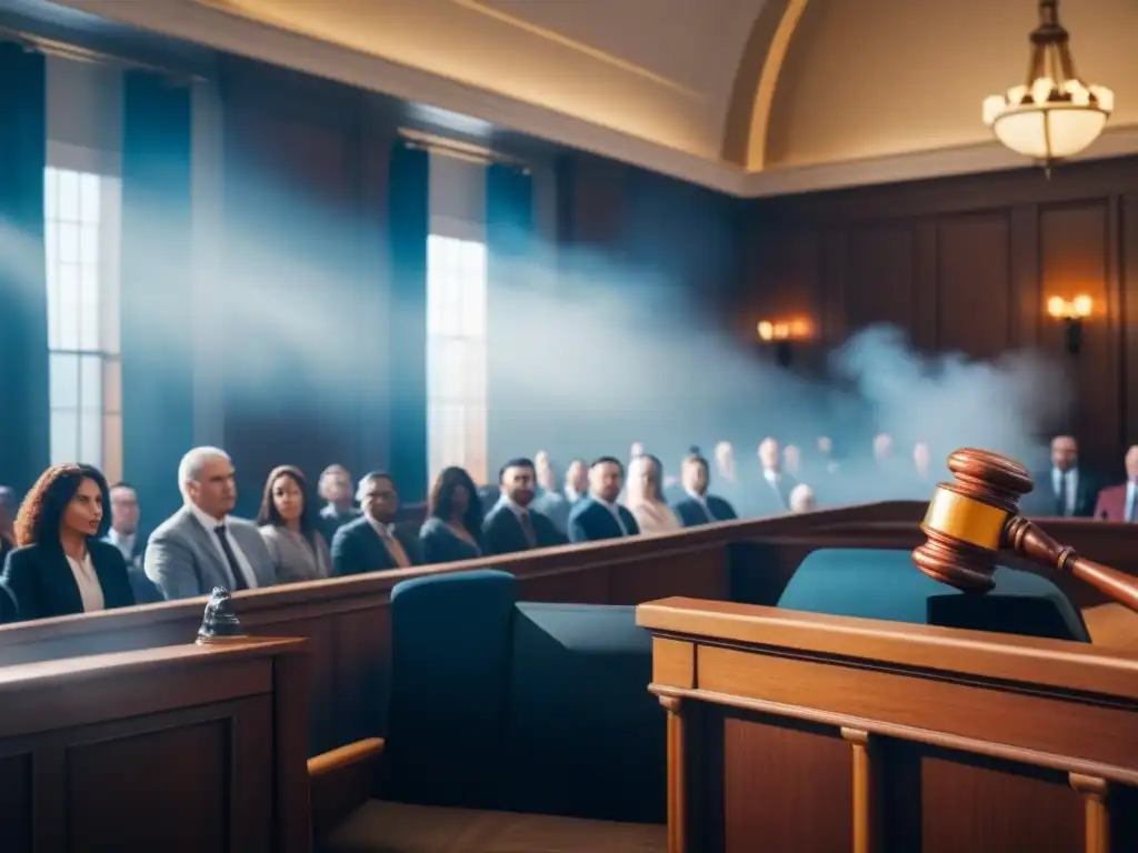 Subasta judicial de propiedad: escena moderna y detallada Intensa escena de remate judicial de propiedades con abogados, subastadores y juez en un moderno tribunal