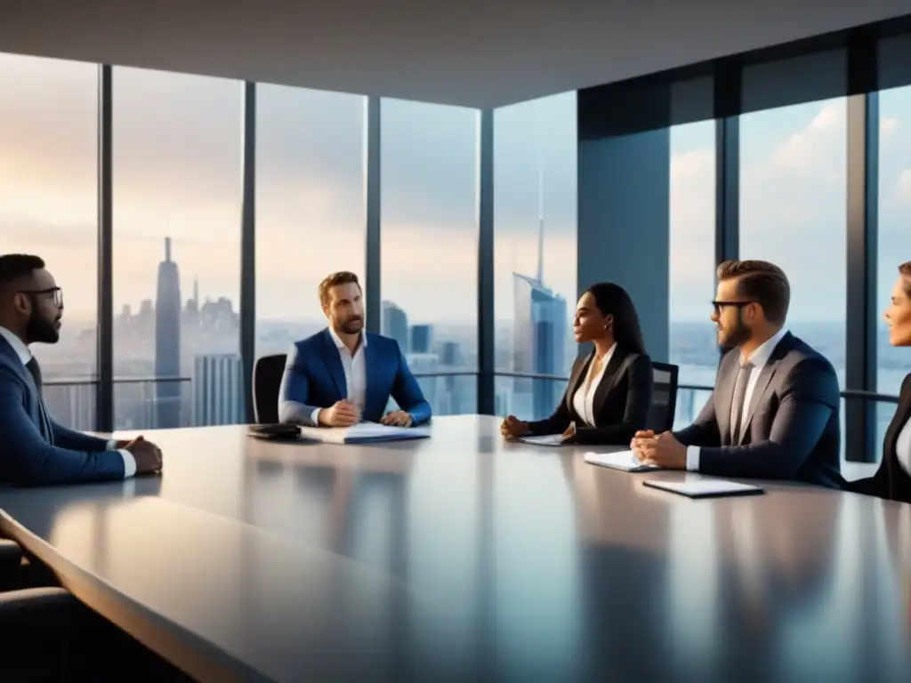 Negociación legal en oficina moderna: abogados, contratistas y proveedores en reunión intensa Intensa negociación en moderna oficina