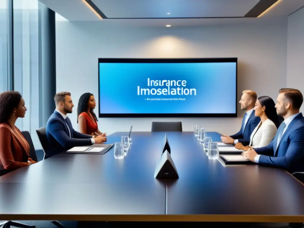 Negociación de seguros en moderna sala de juntas: profesionales enfocados Intensa negociación de tarifas de seguros para propiedades comerciales en moderna sala de reuniones