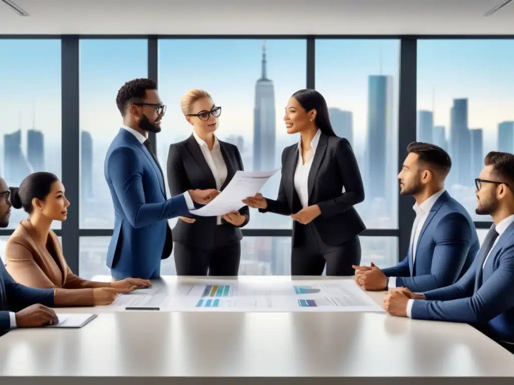 Reunión de inversión inmobiliaria: equipo multicultural en oficina moderna Intensa reunión de profesionales en inversión inmobiliaria en una oficina moderna, mostrando colaboración y diversidad