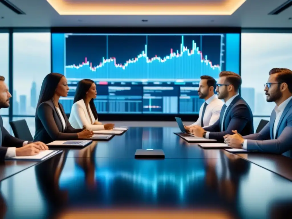 Reunión estratégica de profesionales financieros en sala futurista Intensas discusiones estratégicas sobre Riesgo en Fondos Inmobiliarios Emergentes en sala futurista