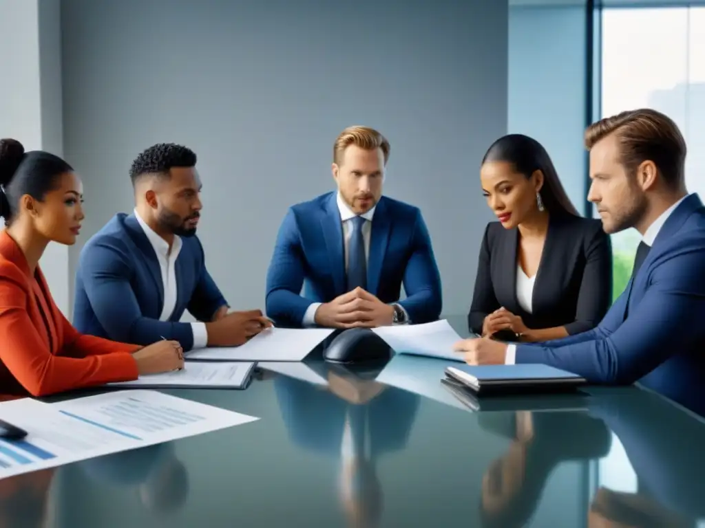 Inversores inmobiliarios analizan documentos en moderna oficina Intensas discusiones sobre leyes para inversores inmobiliarios en una moderna oficina
