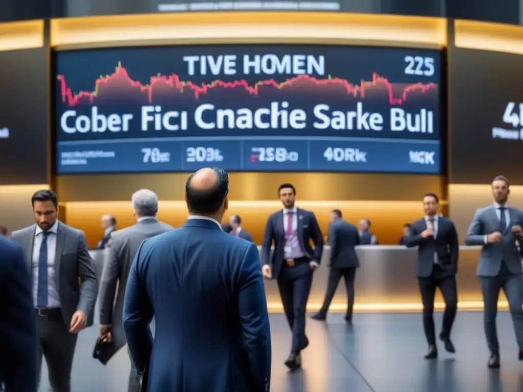 Caos financiero en la Bolsa de Valores: acción y poder del Federal Reserve Intenso bullicio en la bolsa de valores con traders y pantallas digitales, destacando una estatua de toro dorado