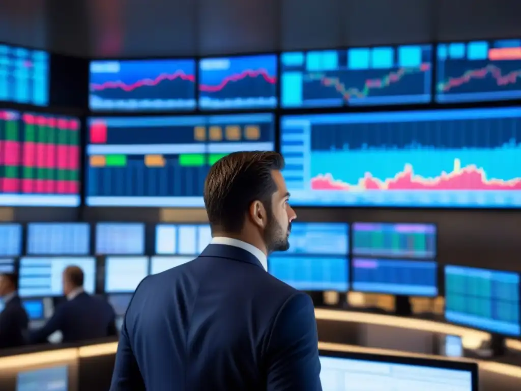 Intenso mercado bursátil: inversores atentos a datos de la Reserva Federal Intenso mercado bursátil con traders y gráficos en tiempo real, destaca la importancia de prever el mercado inmobiliario y la Reserva Federal