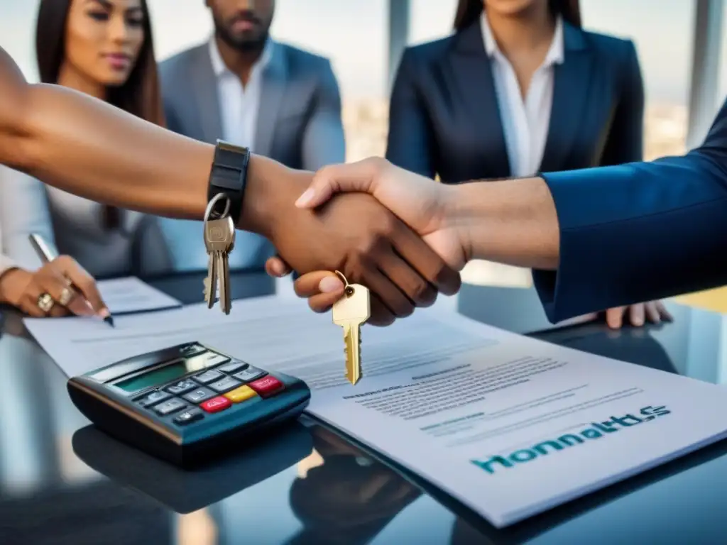 Transacción inmobiliaria: diversidad y colaboración en detalle Intercambio de llaves y dinero en contrato inmobiliario elegante