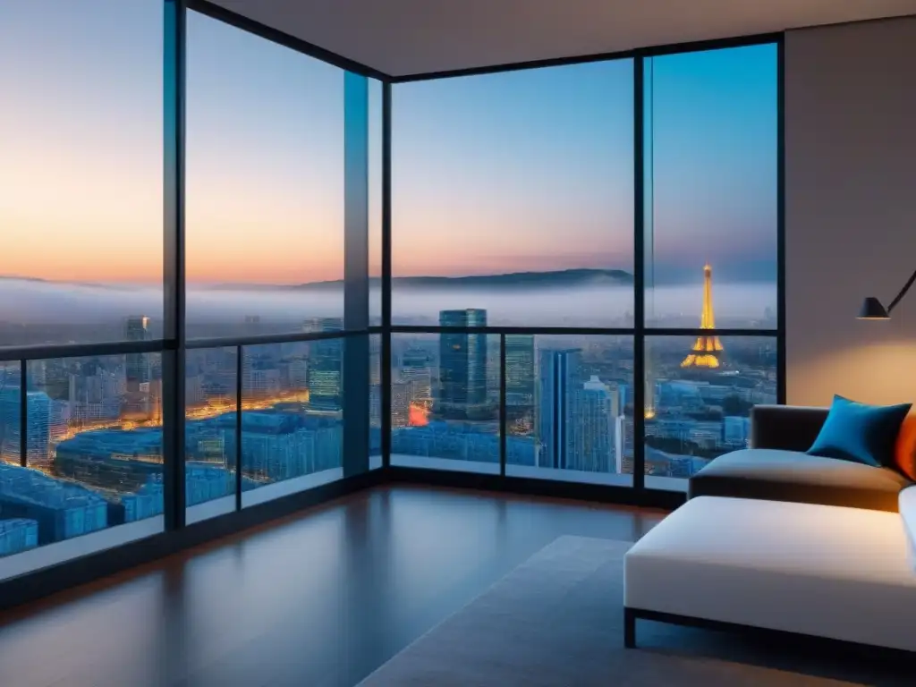 Tour virtual de penthouse con chatbot de lujo Interfaz de chatbot moderna en tour virtual de penthouse de lujo, destacando beneficios chatbots en inmobiliaria