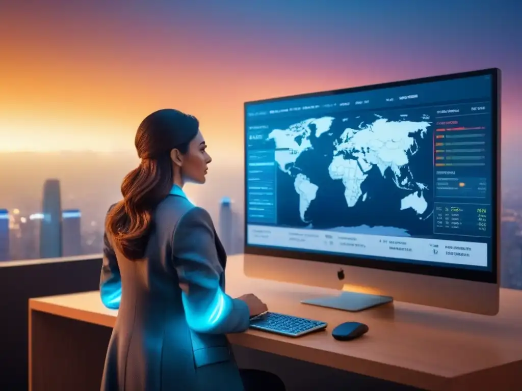 Interfaz digital futurista para inversores inmobiliarios internacionales Una interfaz digital futurista muestra análisis de mercado inmobiliario en tiempo real