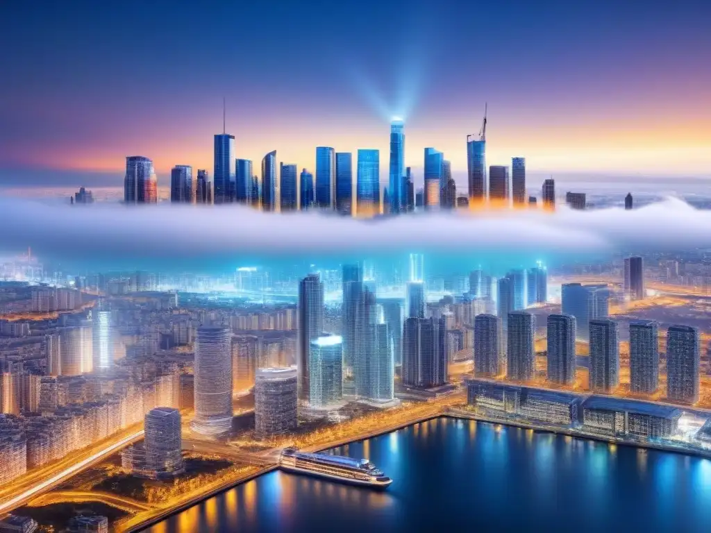 Interfaz futurista: gráficos en plano arquitectónico de ciudad moderna Una interfaz digital futurista muestra gráficos sobre un plano urbano, simbolizando herramientas tecnológicas para invertir inmobiliaria