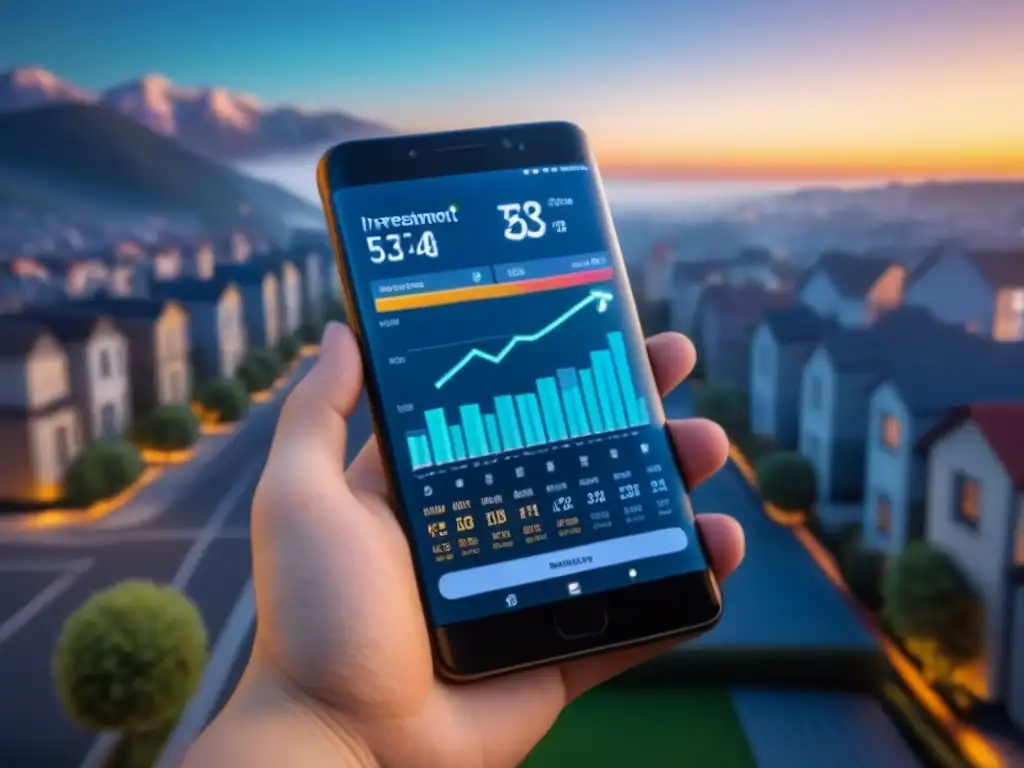 Interfaz digital futurista para inversión inmobiliaria Una interfaz digital futurista muestra herramientas de inversión inmobiliaria online como gráficos interactivos y tours virtuales