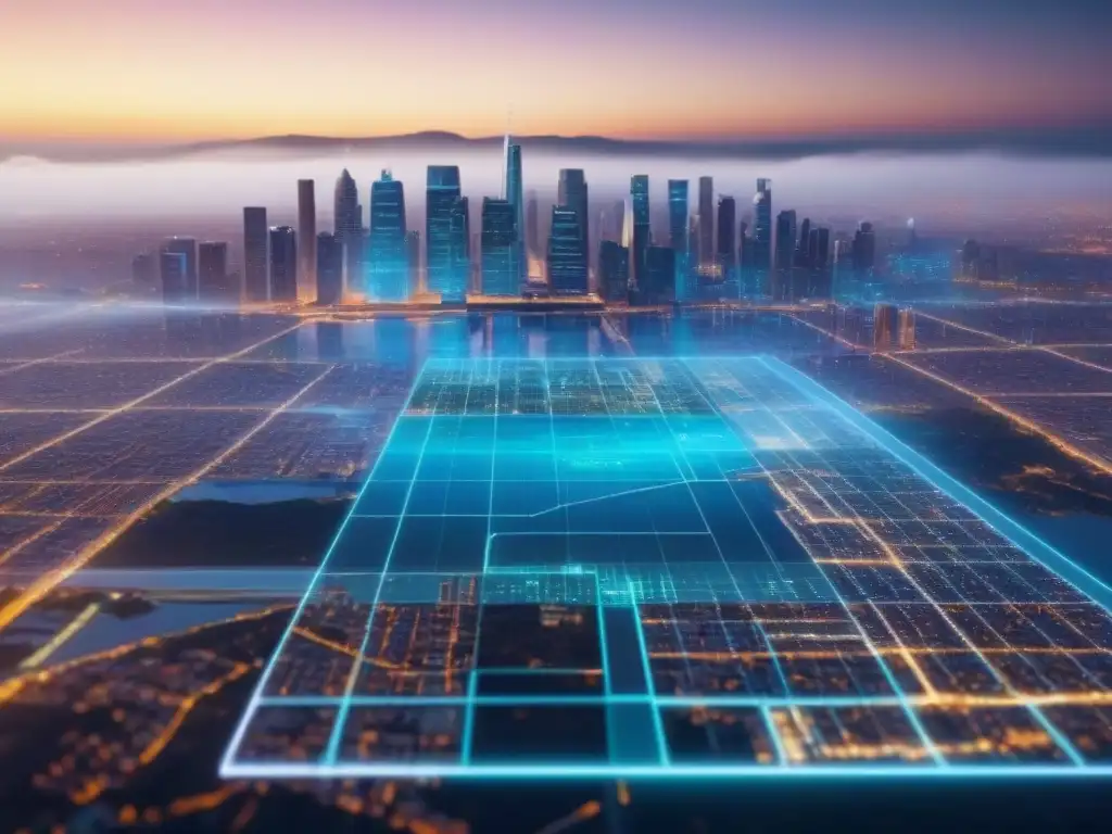 Interfaz futurista de mapeo inmobiliario 8k detallada Interfaz digital futurista con herramientas mapeo propiedades y visualizaciones de datos, tecnología avanzada y ciudad moderna difuminada