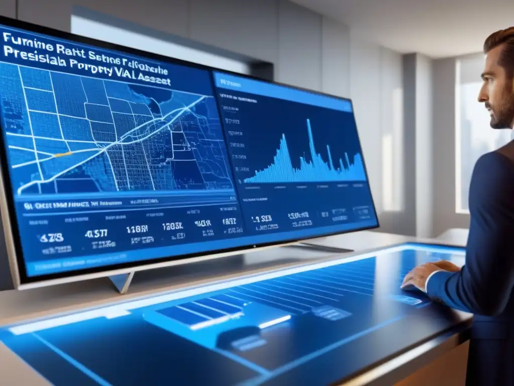 Interfaz digital futurista de valoración inmobiliaria en tiempo real Interfaz digital futurista con herramientas de valoración de propiedades en tiempo real, gráficos detallados y colores modernos
