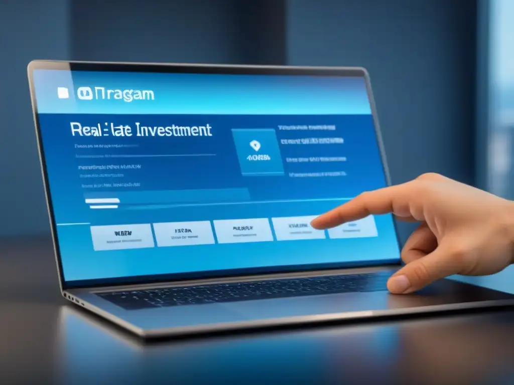 Plataforma de inversión inmobiliaria digital segura y futurista Interfaz digital futurista de inversión inmobiliaria con protección financiera avanzada