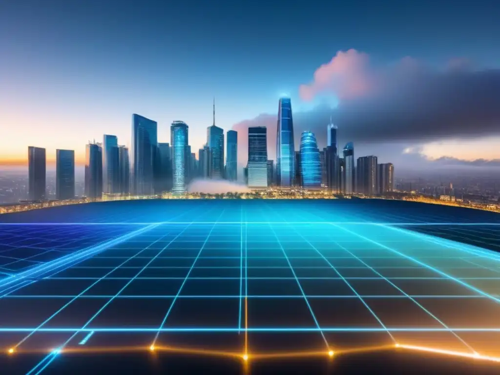 Valoración inmobiliaria en tiempo real: Futuro financiero Interfaz digital futurista muestra métricas valoración propiedades en tiempo real sobre gráfico bursátil, con skyline urbano de fondo