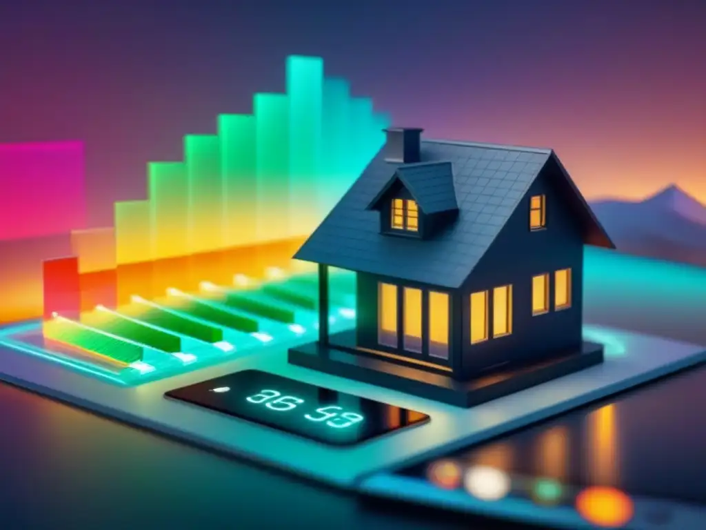 Interfaz digital futurista con datos financieros de vivienda en 3D Una interfaz digital futurista muestra un modelo 3D de casa rodeado de gráficos e información financiera en colores vibrantes