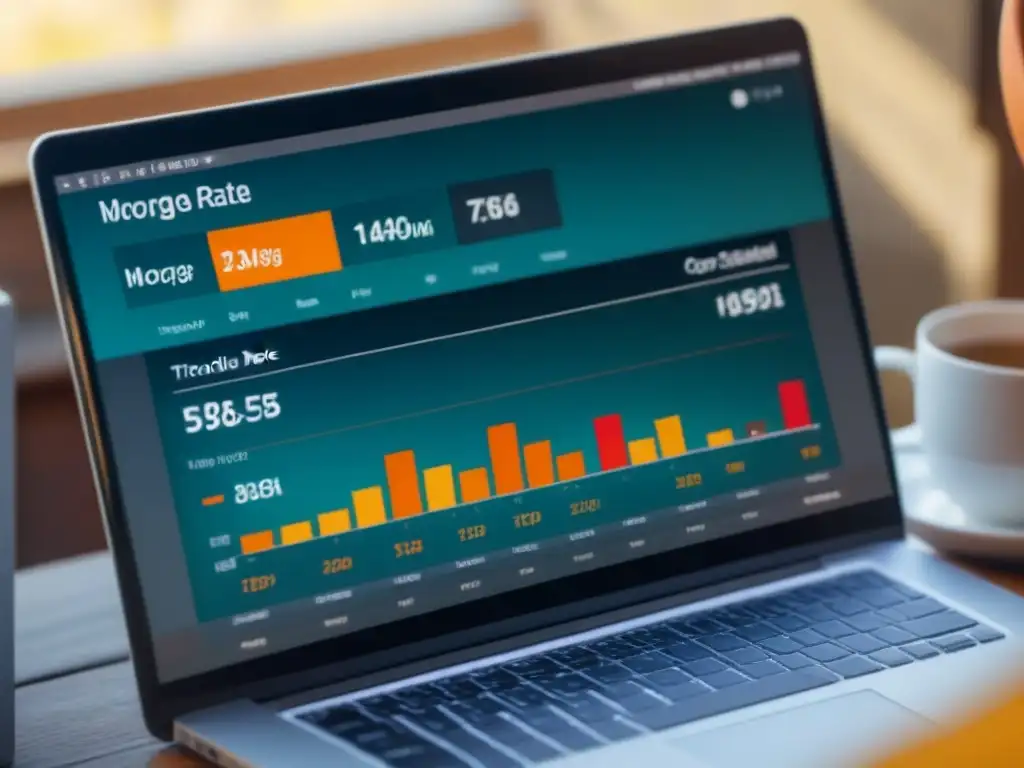 Comparación de tasas hipotecarias: interfaz digital moderna y detallada Interfaz digital moderna y detallada con gráficos de comparación de tasas hipotecarias de los mejores bancos para freelancers