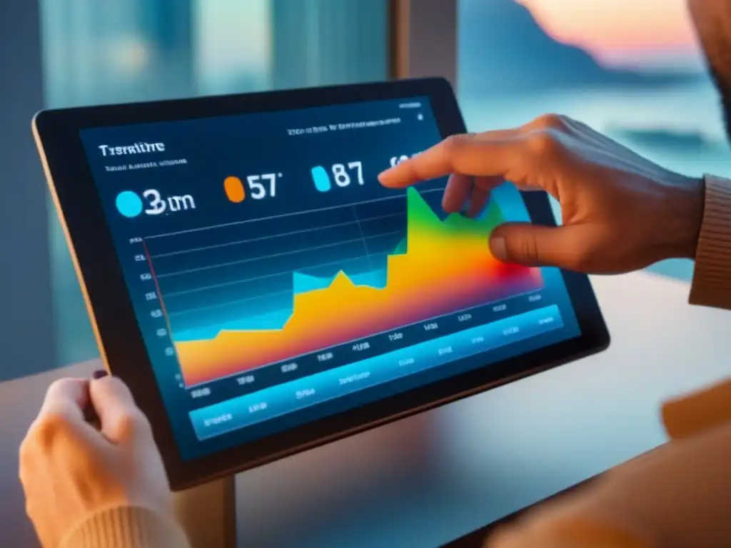 Gráficos financieros en tiempo real para inversiones inmobiliarias online Interfaz digital moderna mostrando gráficos financieros en tiempo real, estrategias inversión inmobiliaria online