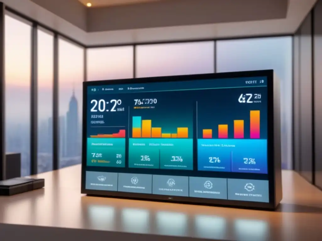 Portafolio Inmobiliario 3D: Analítica Profesional y Futurista Interfaz digital moderna y sofisticada muestra visualización 3D de portafolio inmobiliario diverso con gráficos interactivos