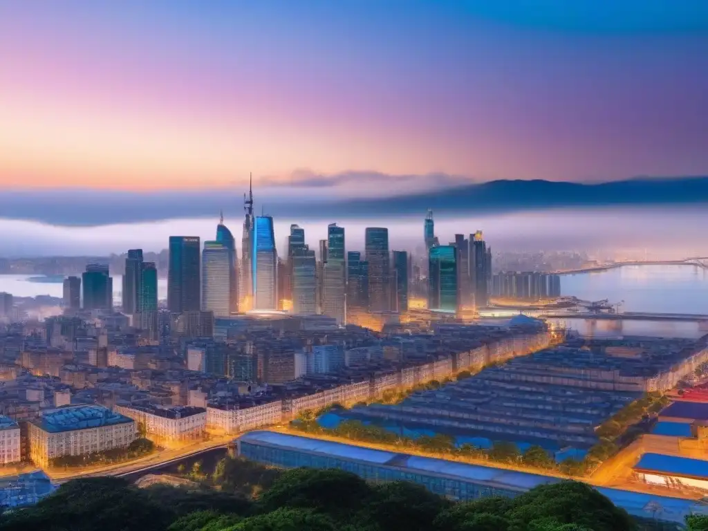 Búsqueda inmobiliaria personalizada y futurista Interfaz futurista de búsqueda inmobiliaria personalizada con machine learning en una ciudad al anochecer
