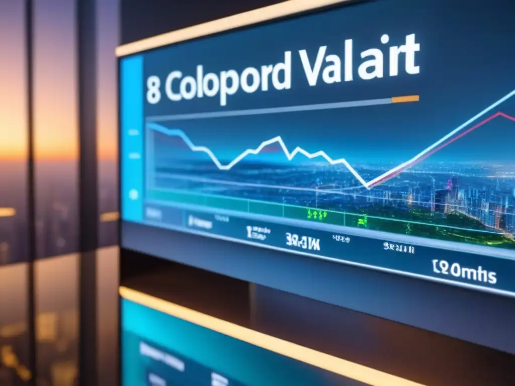 Interfaz futurista de valuación inmobiliaria en tiempo real Una interfaz futurista muestra datos de valoración inmobiliaria en tiempo real con gráficos y mapas, en un entorno profesional y moderno