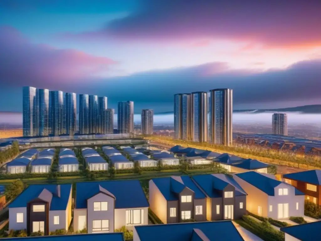 Portafolio inmobiliario diversificado en interfaz digital futurista Interfaz futurista muestra diversificación en cartera inmobiliaria con detalle y datos de mercado en tiempo real
