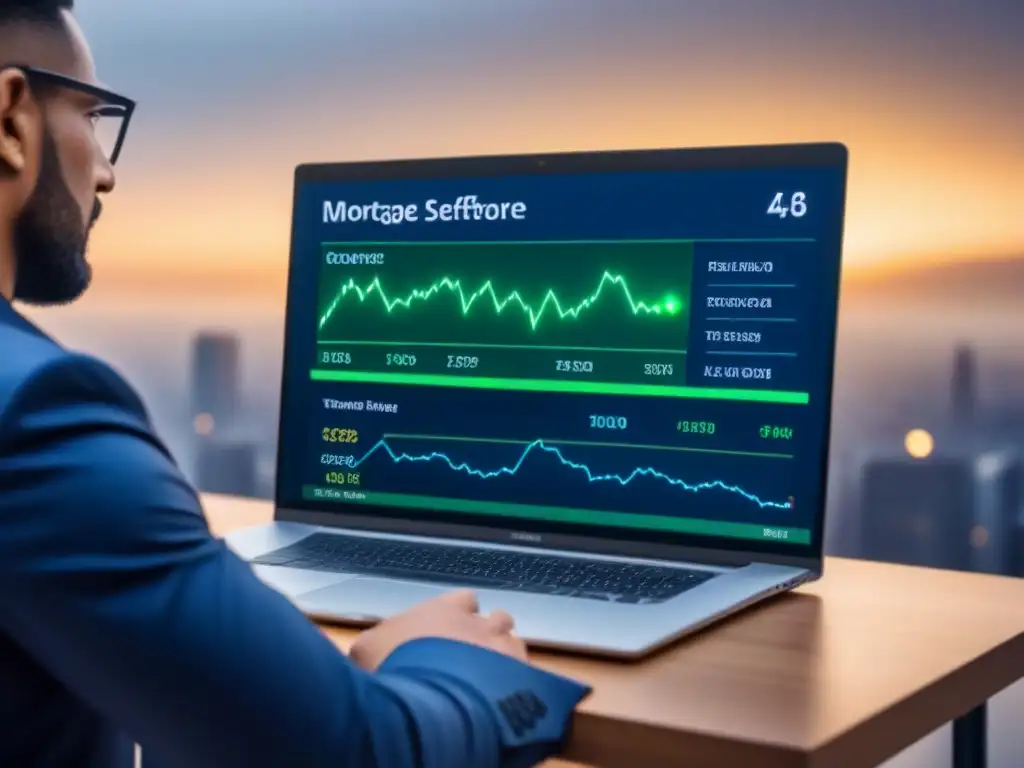 Software de Gestión Hipotecaria Futurista en Pantalla 8K Una interfaz futurista de gestión hipotecaria con gráficos interactivos y herramientas de navegación, en tonos de azul, plata y verde