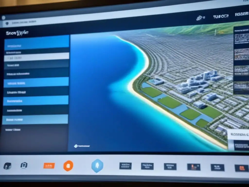 Interfaz futurista de software de mapeo de propiedades en pantalla táctil Interfaz futurista de mapeo de propiedades con herramientas avanzadas y diseño profesional en tonos azules y metálicos