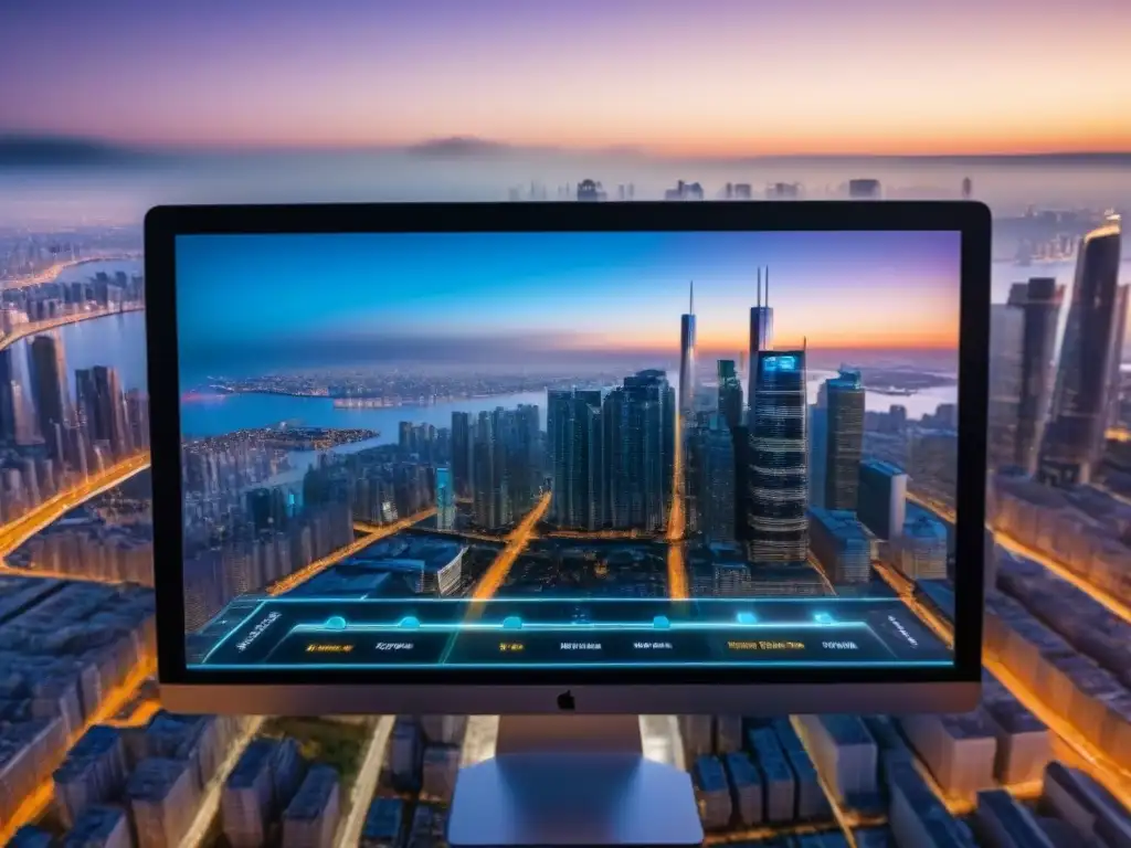 Inversión inmobiliaria online: plataforma futurista 8k Interfaz futurista de plataforma inmobiliaria online, con gráficos interactivos y listados en tiempo real, en una ciudad al atardecer